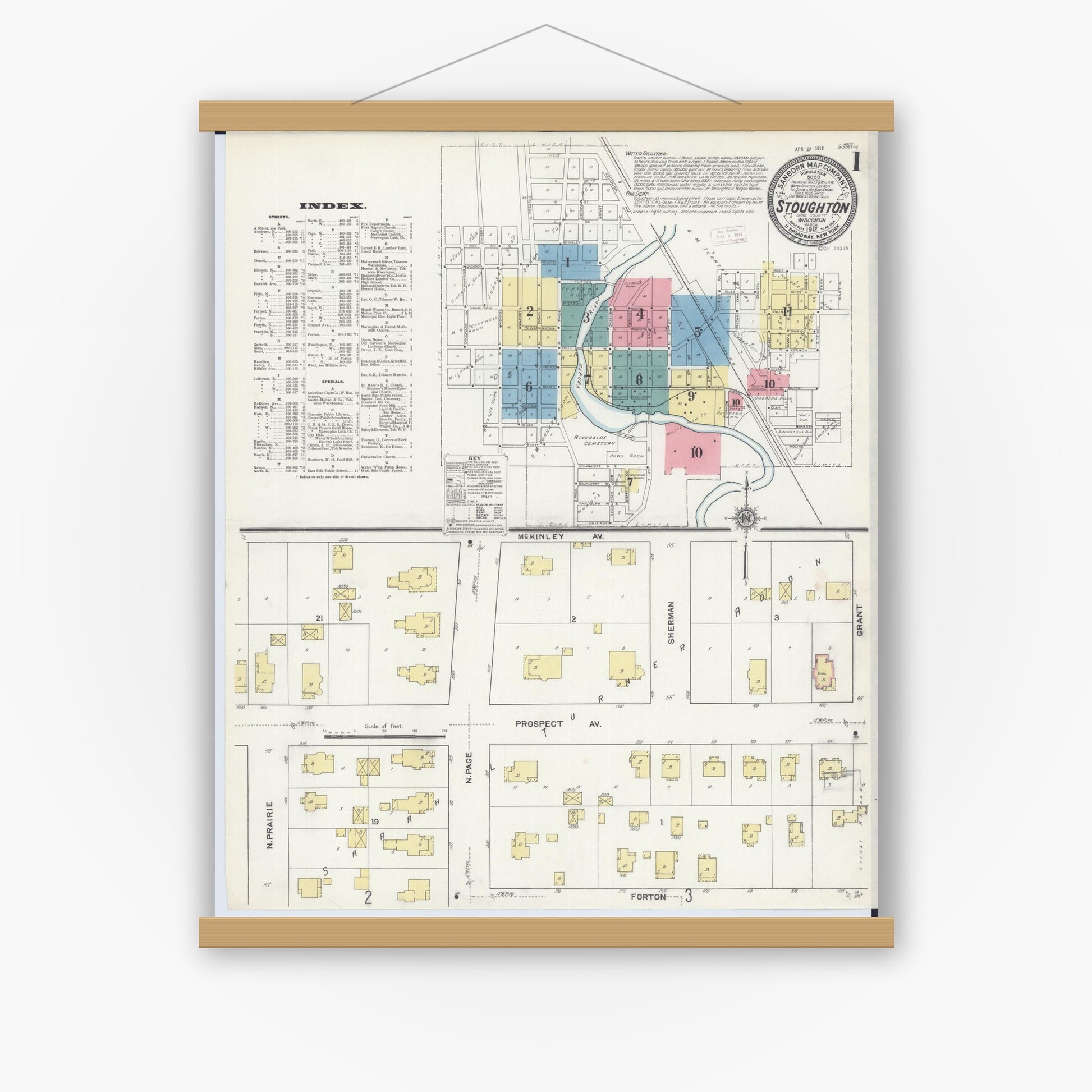 Old map wall art mockup — magnetic wood frame on white wall — Sanborn Fire Insurance Map from Stoughton, Dane County, Wisconsin (1912), Sheet #0001