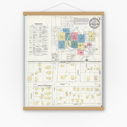 Old map wall art mockup — magnetic wood frame on white wall — Sanborn Fire Insurance Map from Stoughton, Dane County, Wisconsin (1912), Sheet #0001