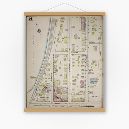 Old map wall art mockup — magnetic wood frame on white wall — Sanborn Fire Insurance Map from Yonkers, Westchester County, New York (1886), Sheet #0014