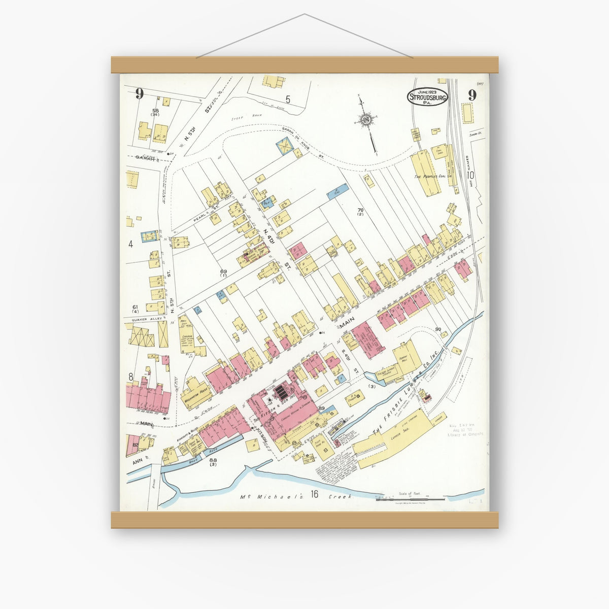 Old map wall art mockup — magnetic wood frame on white wall — Sanborn Fire Insurance Map from Stroudsburg, Monroe County, Pennsylvania (1923), Sheet #0009