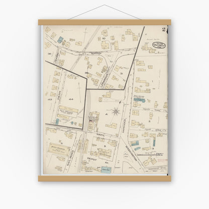 Old map wall art mockup — magnetic wood frame on white wall — Sanborn Fire Insurance Map from Quincy, Norfolk County, Massachusetts (1885), Sheet #0002