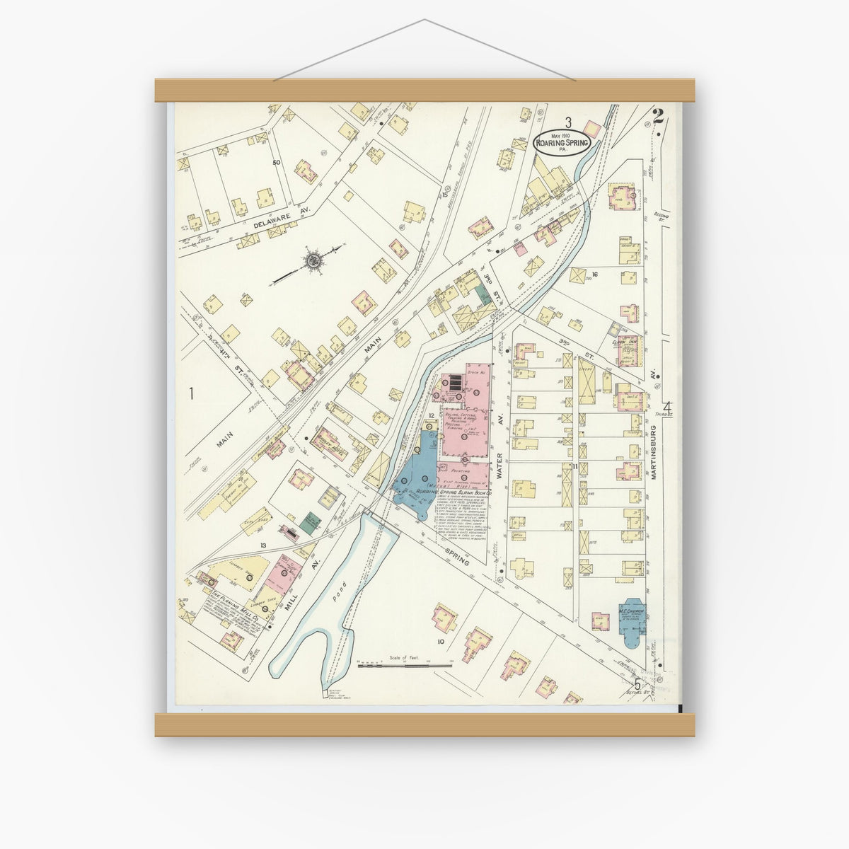Old map wall art mockup — magnetic wood frame on white wall — Sanborn Fire Insurance Map from Roaring Spring, Blair County, Pennsylvania (1910), Sheet #0002