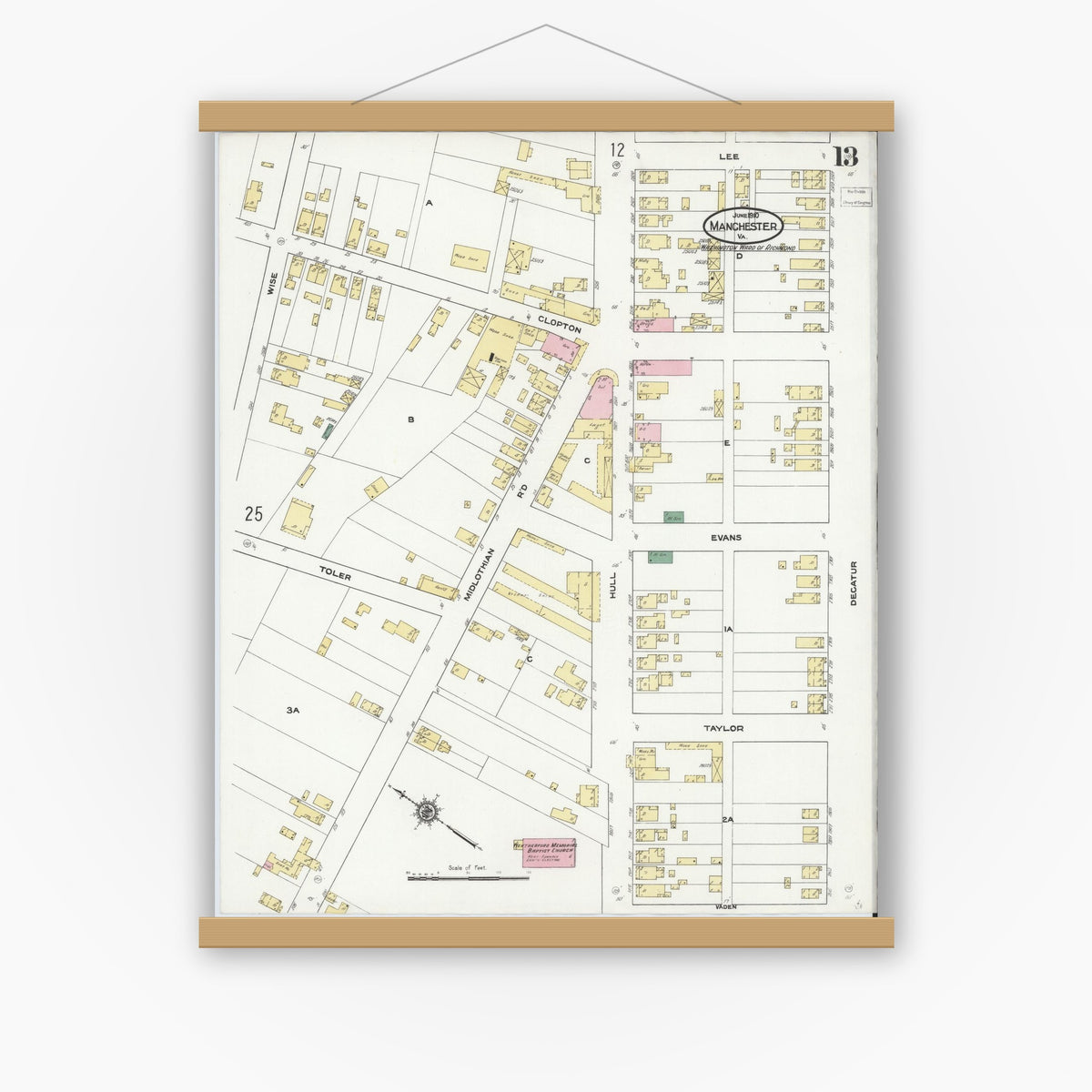 Old map wall art mockup — magnetic wood frame on white wall — Sanborn Fire Insurance Map from Manchester, Chesterfield County, Virginia (1910), Sheet #0013