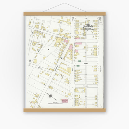Old map wall art mockup — magnetic wood frame on white wall — Sanborn Fire Insurance Map from Manchester, Chesterfield County, Virginia (1910), Sheet #0013