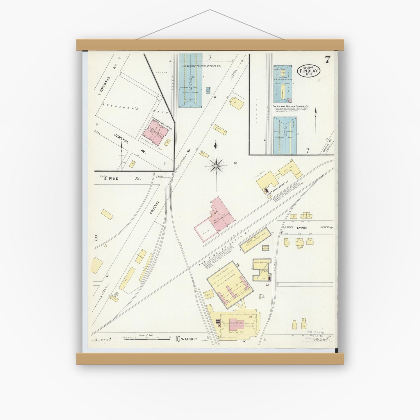 Old map wall art mockup — magnetic wood frame on white wall — Sanborn Fire Insurance Map from Findlay, Hancock County, Ohio (1908), Sheet #0007
