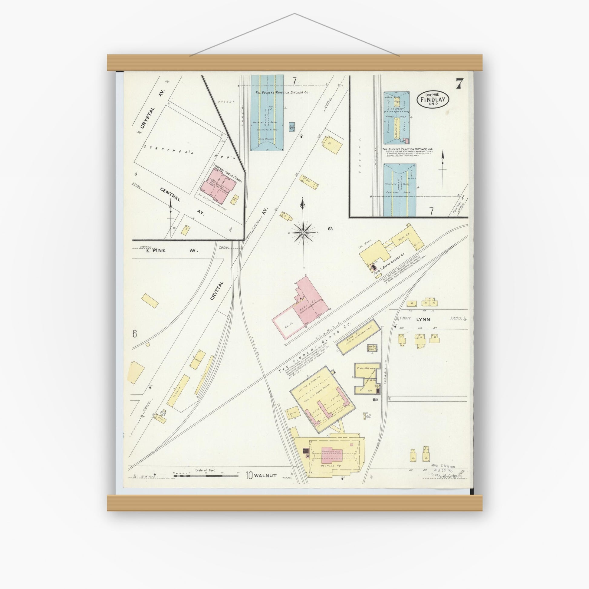 Old map wall art mockup — magnetic wood frame on white wall — Sanborn Fire Insurance Map from Findlay, Hancock County, Ohio (1908), Sheet #0007