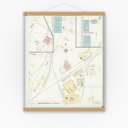 Old map wall art mockup — magnetic wood frame on white wall — Sanborn Fire Insurance Map from Findlay, Hancock County, Ohio (1908), Sheet #0007