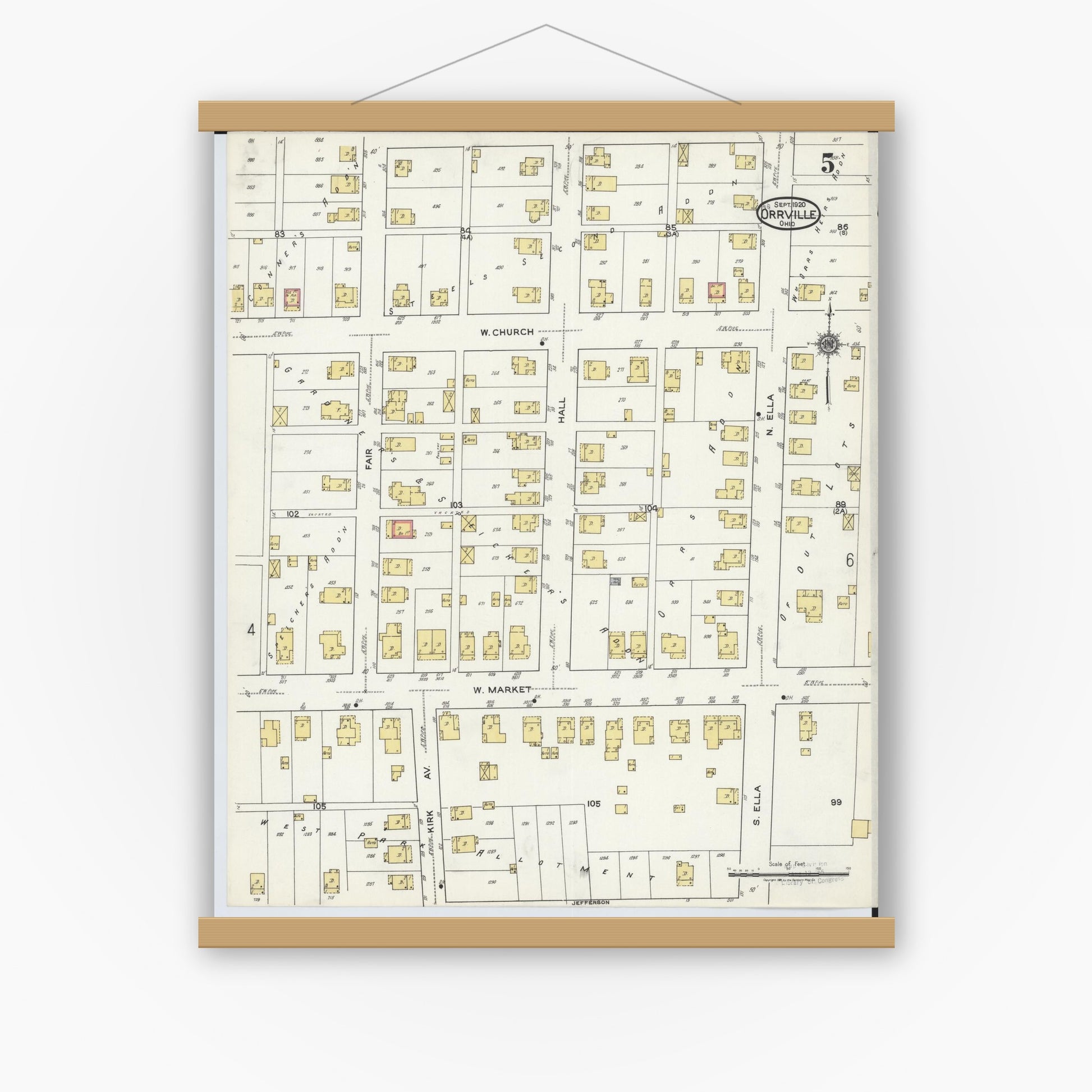 Old map wall art mockup — magnetic wood frame on white wall — Sanborn Fire Insurance Map from Orrville, Wayne County, Ohio (1920), Sheet #0005