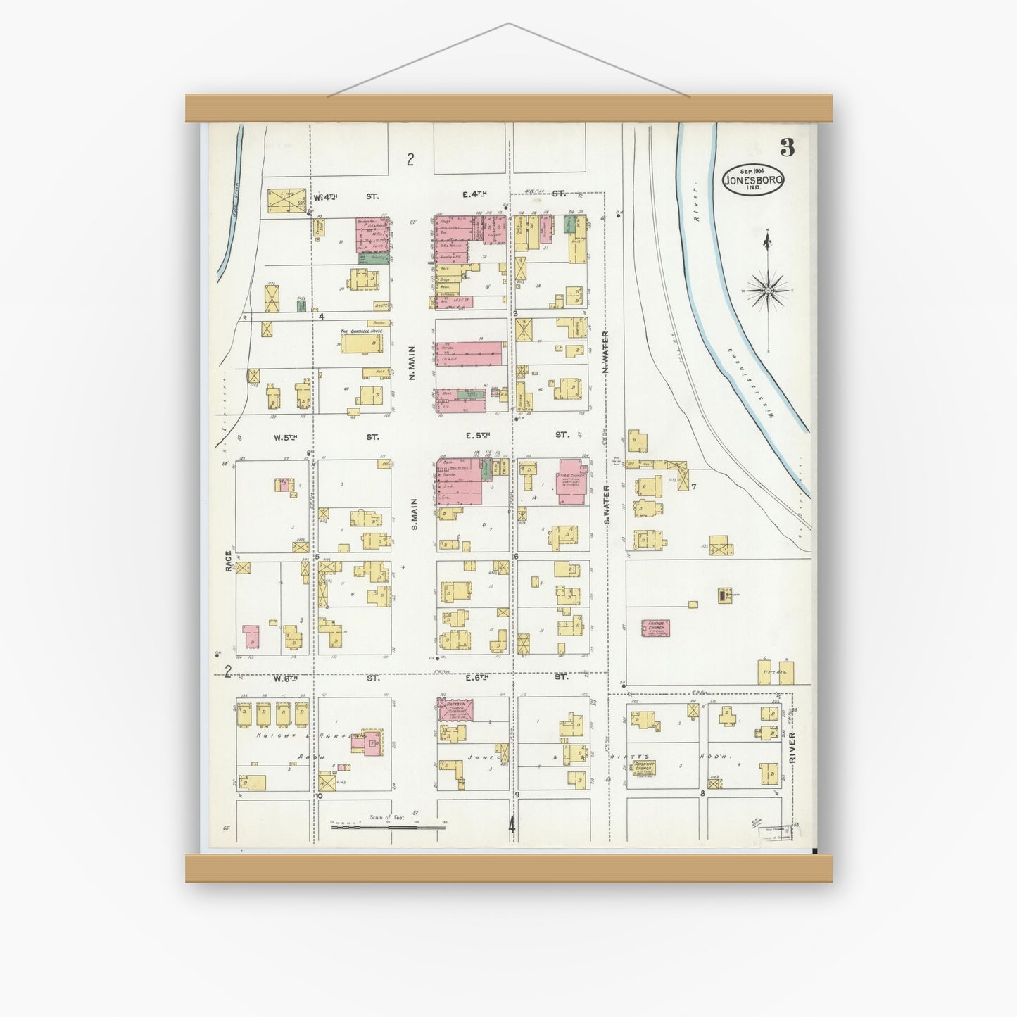 Old map wall art mockup — magnetic wood frame on white wall — Sanborn Fire Insurance Map from Jonesboro, Grant County, Indiana (1904), Sheet #0003