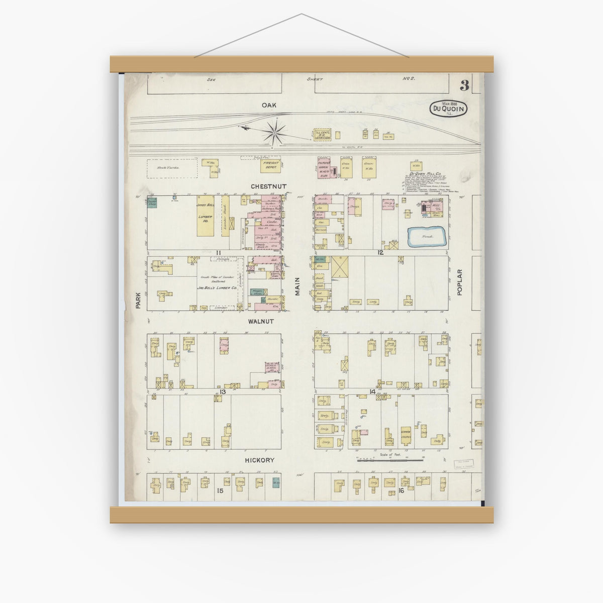 Old map wall art mockup — magnetic wood frame on white wall — Sanborn Fire Insurance Map from Du Quoin, Perry County, Illinois (1888), Sheet #0003