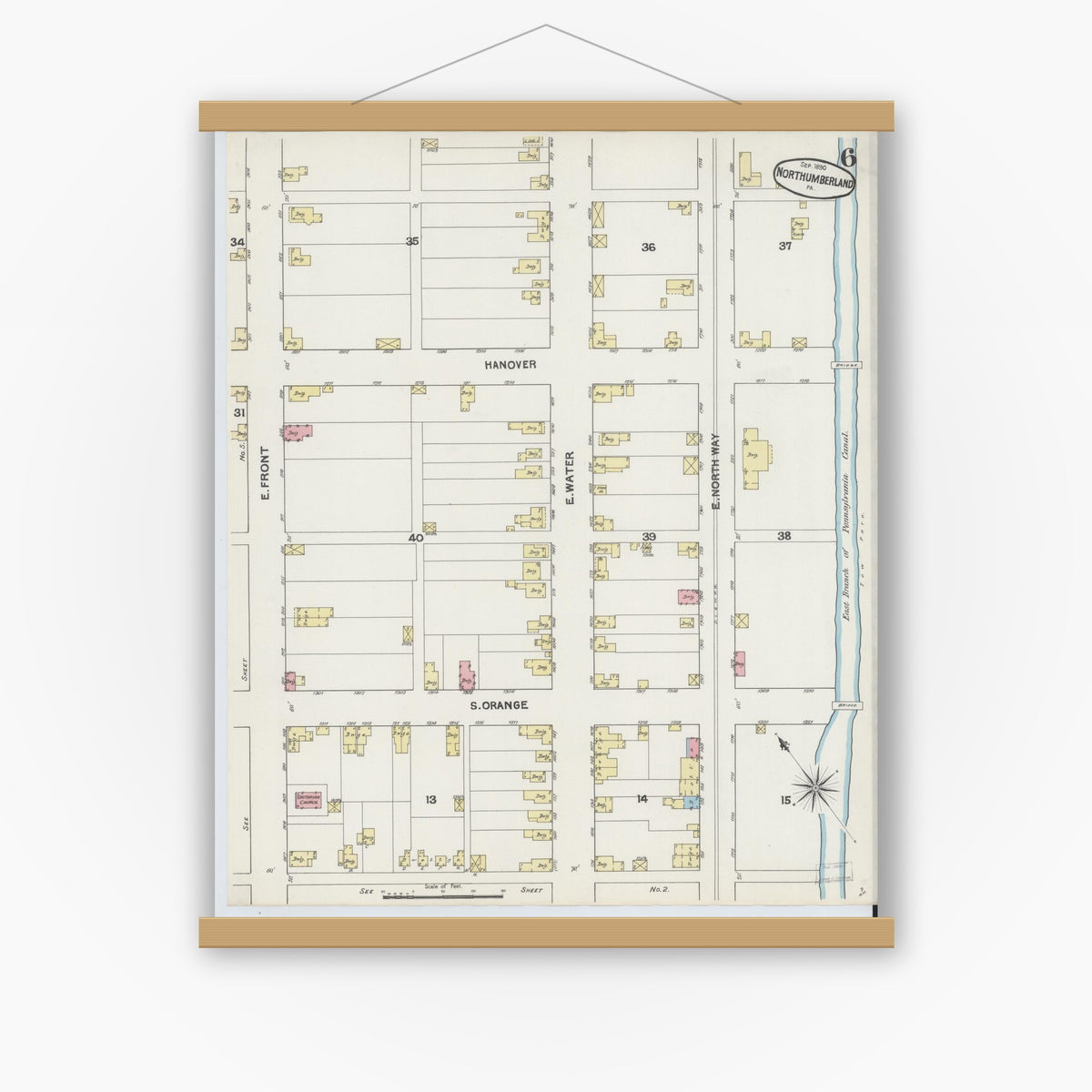 Old map wall art mockup — magnetic wood frame on white wall — Sanborn Fire Insurance Map from Northumberland, Northumberland County, Pennsylvania (1890), Sheet #0006