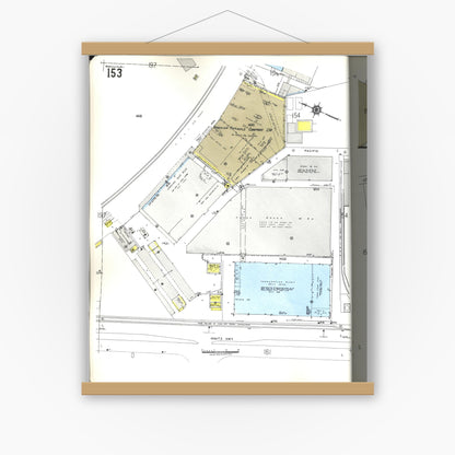 Old map wall art mockup — magnetic wood frame on white wall — Sanborn Fire Insurance Map from Honolulu, Oahu County, Hawaii (1955), Sheet #0153