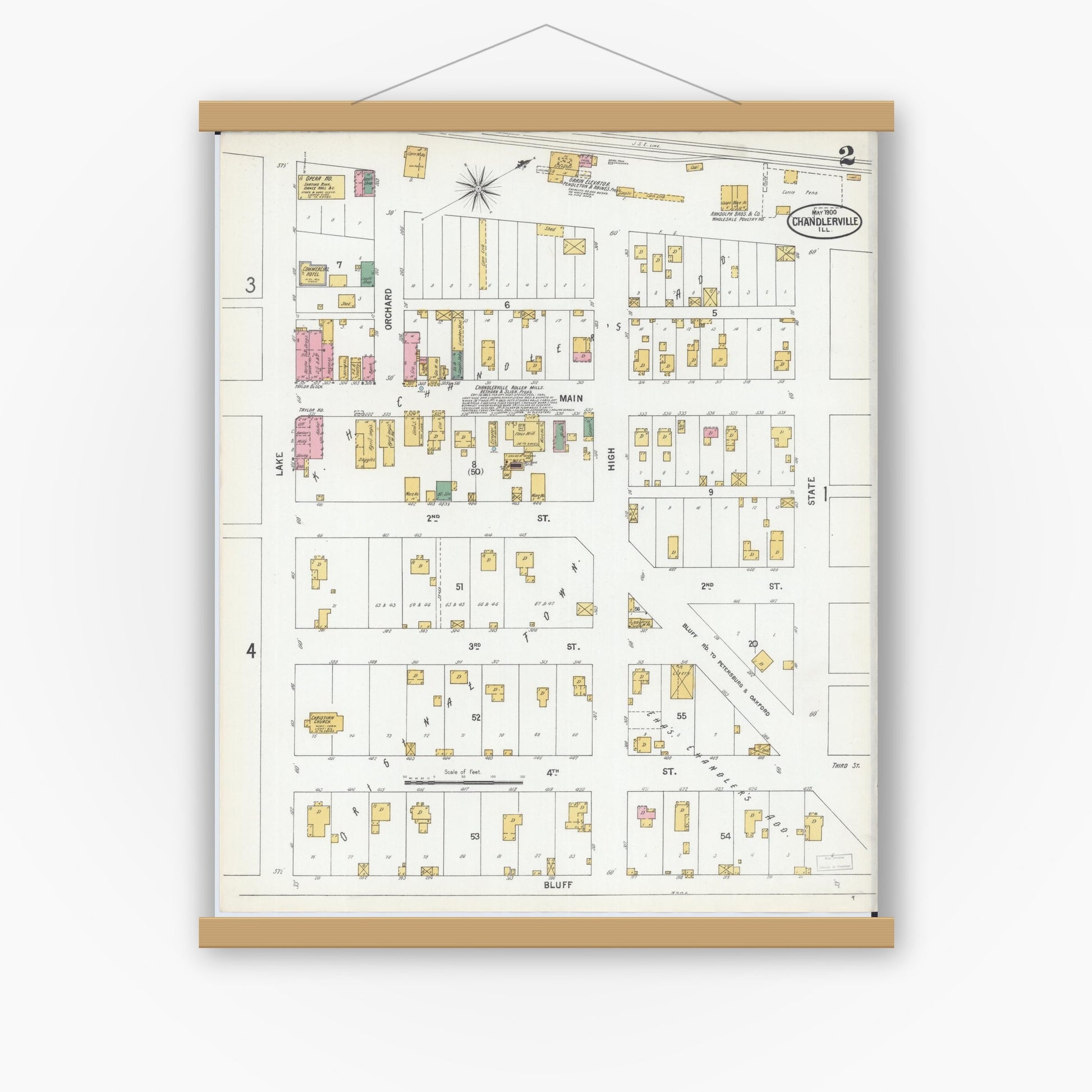 Old map wall art mockup — magnetic wood frame on white wall — Sanborn Fire Insurance Map from Chandlerville, Cass County, Illinois (1900), Sheet #0002