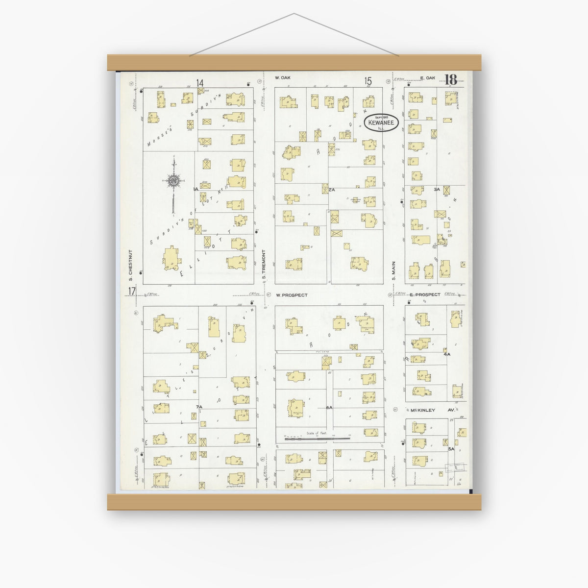 Old map wall art mockup — magnetic wood frame on white wall — Sanborn Fire Insurance Map from Kewanee, Henry County, Illinois (1910), Sheet #0018