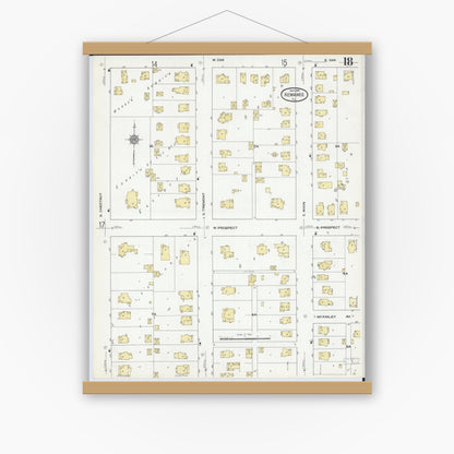 Old map wall art mockup — magnetic wood frame on white wall — Sanborn Fire Insurance Map from Kewanee, Henry County, Illinois (1910), Sheet #0018