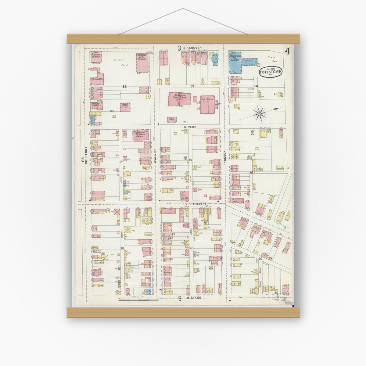 Old map wall art mockup — magnetic wood frame on white wall — Sanborn Fire Insurance Map from Pottstown, Montgomery County, Pennsylvania (1896), Sheet #0004