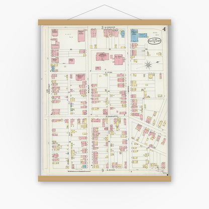 Old map wall art mockup — magnetic wood frame on white wall — Sanborn Fire Insurance Map from Pottstown, Montgomery County, Pennsylvania (1896), Sheet #0004