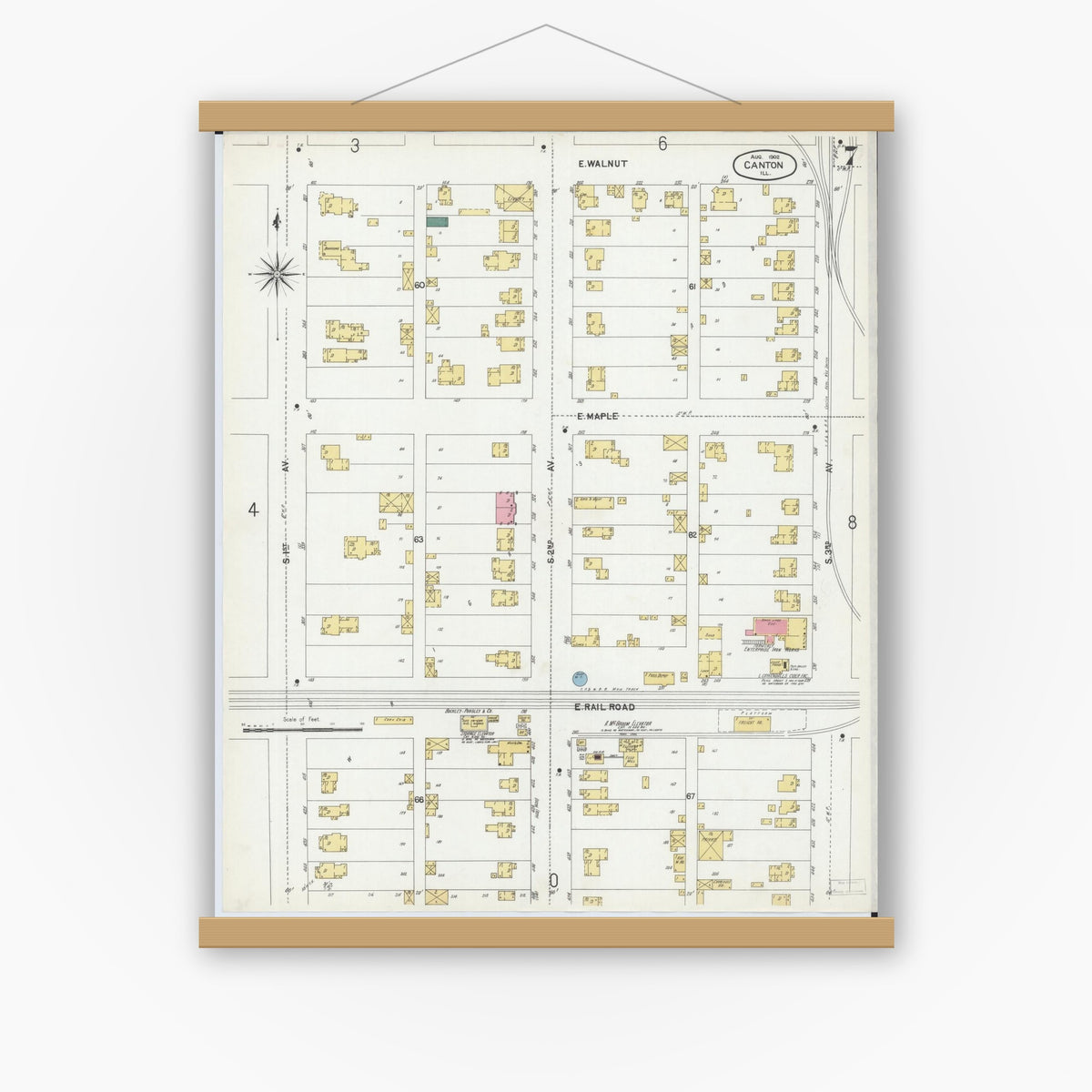 Old map wall art mockup — magnetic wood frame on white wall — Sanborn Fire Insurance Map from Canton, Fulton County, Illinois (1902), Sheet #0007