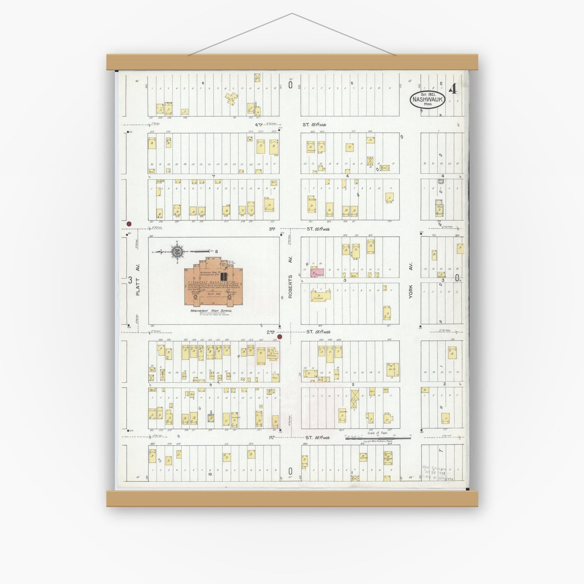 Old map wall art mockup — magnetic wood frame on white wall — Sanborn Fire Insurance Map from Nashwauk, Itasca County, Minnesota (1921), Sheet #0004
