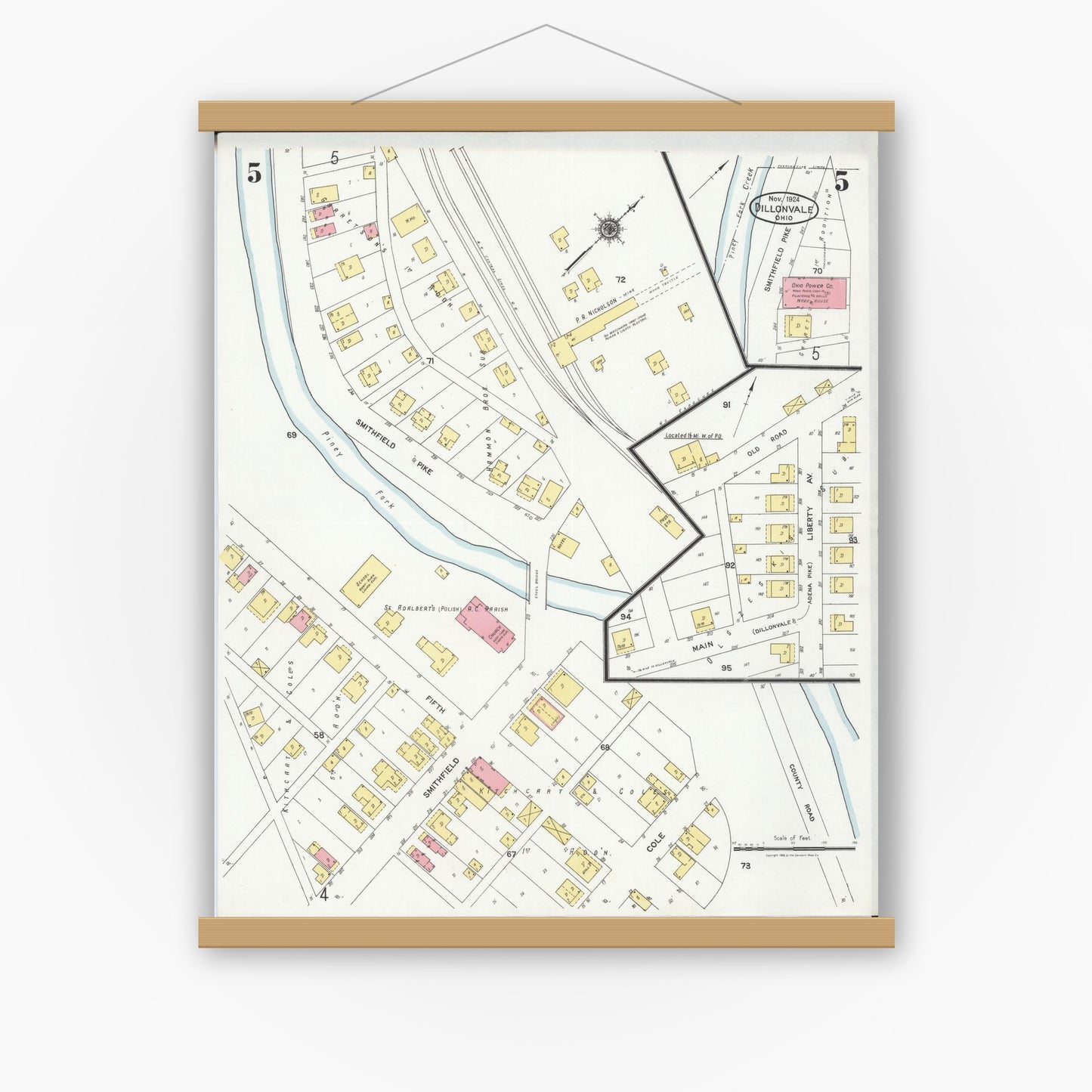 Old map wall art mockup — magnetic wood frame on white wall — Sanborn Fire Insurance Map from Dillonvale, Jefferson County, Ohio (1924), Sheet #0005