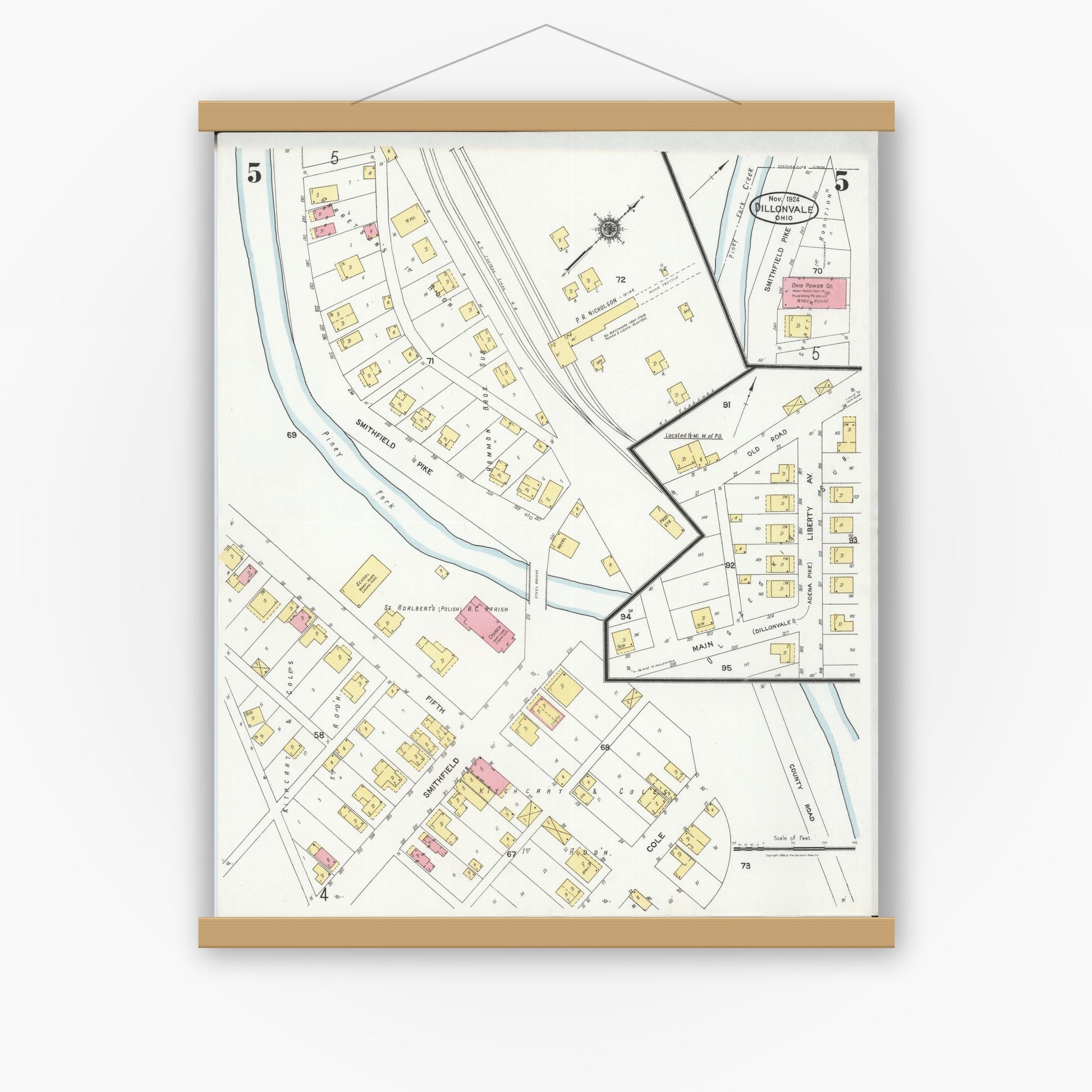 Old map wall art mockup — magnetic wood frame on white wall — Sanborn Fire Insurance Map from Dillonvale, Jefferson County, Ohio (1924), Sheet #0005