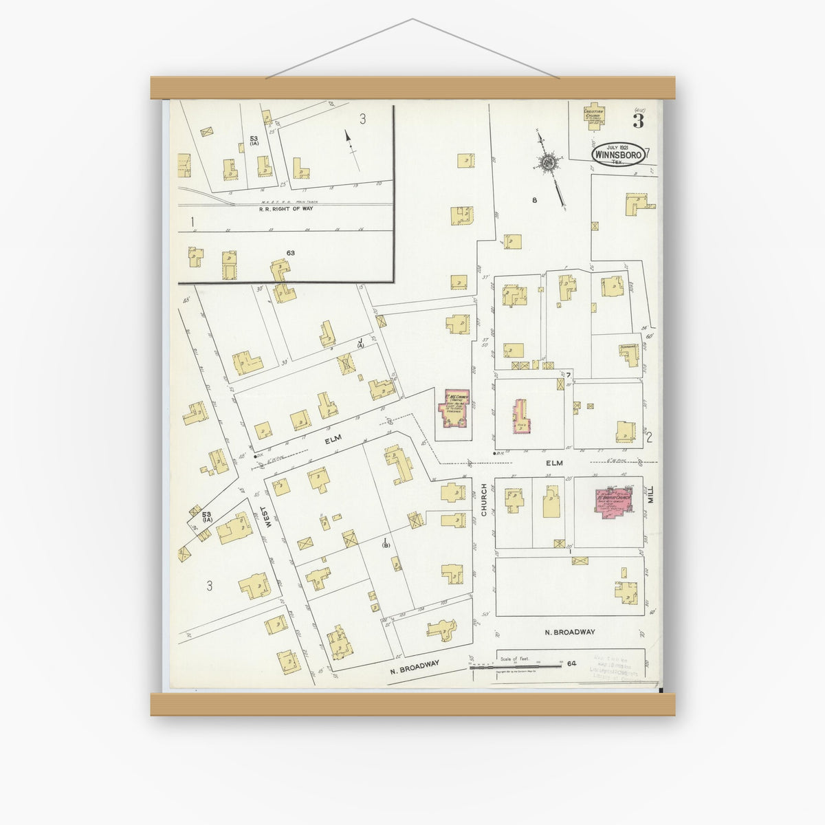 Old map wall art mockup — magnetic wood frame on white wall — Sanborn Fire Insurance Map from Winnsboro, Wood County, Texas (1921), Sheet #0003