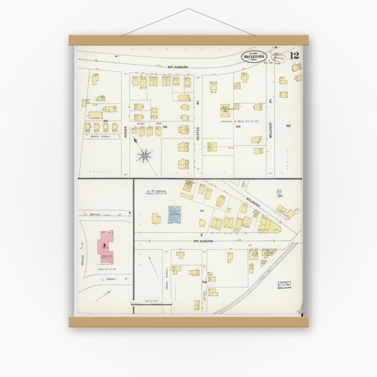Old map wall art mockup — magnetic wood frame on white wall — Sanborn Fire Insurance Map from Watertown, Middlesex County, Massachusetts (1899), Sheet #0012