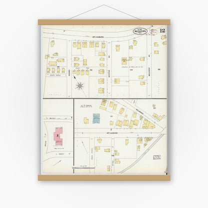 Old map wall art mockup — magnetic wood frame on white wall — Sanborn Fire Insurance Map from Watertown, Middlesex County, Massachusetts (1899), Sheet #0012