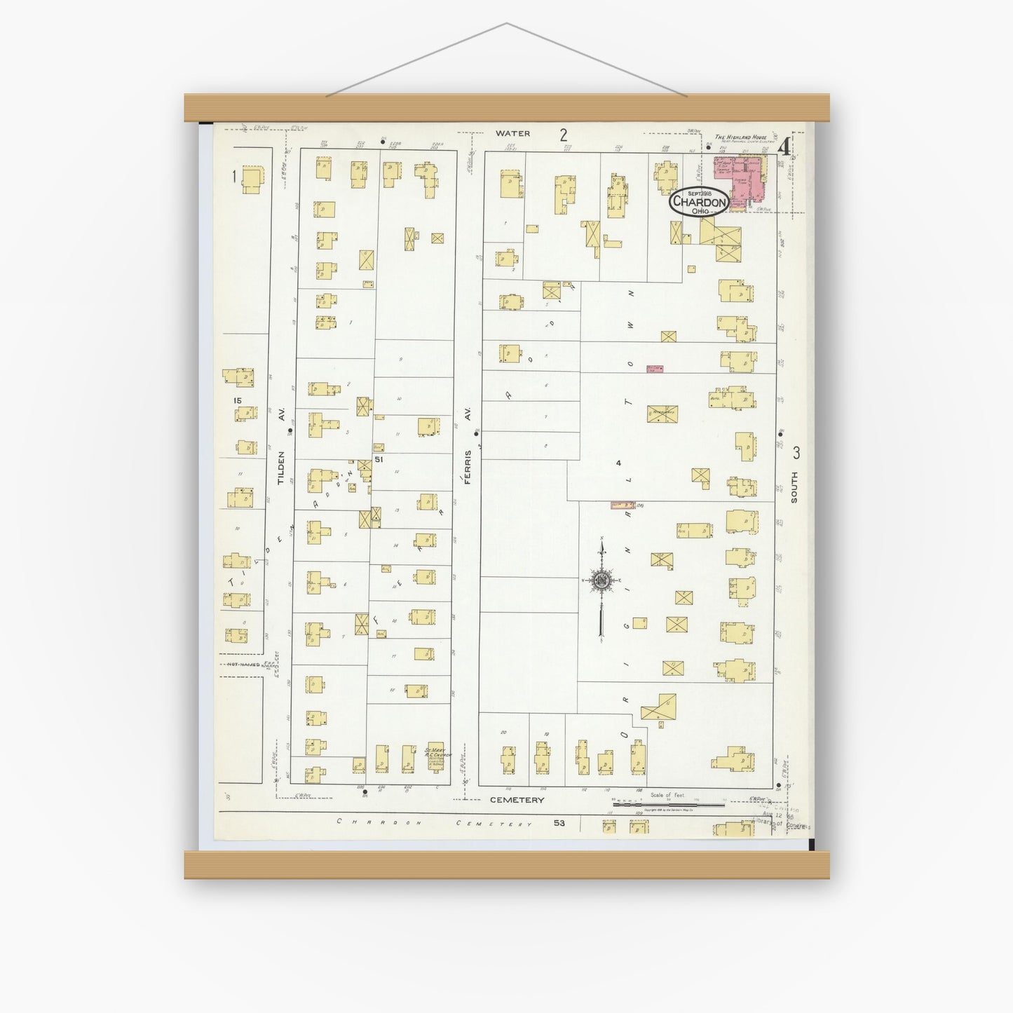 Old map wall art mockup — magnetic wood frame on white wall — Sanborn Fire Insurance Map from Chardon, Geauga County, Ohio (1918), Sheet #0004