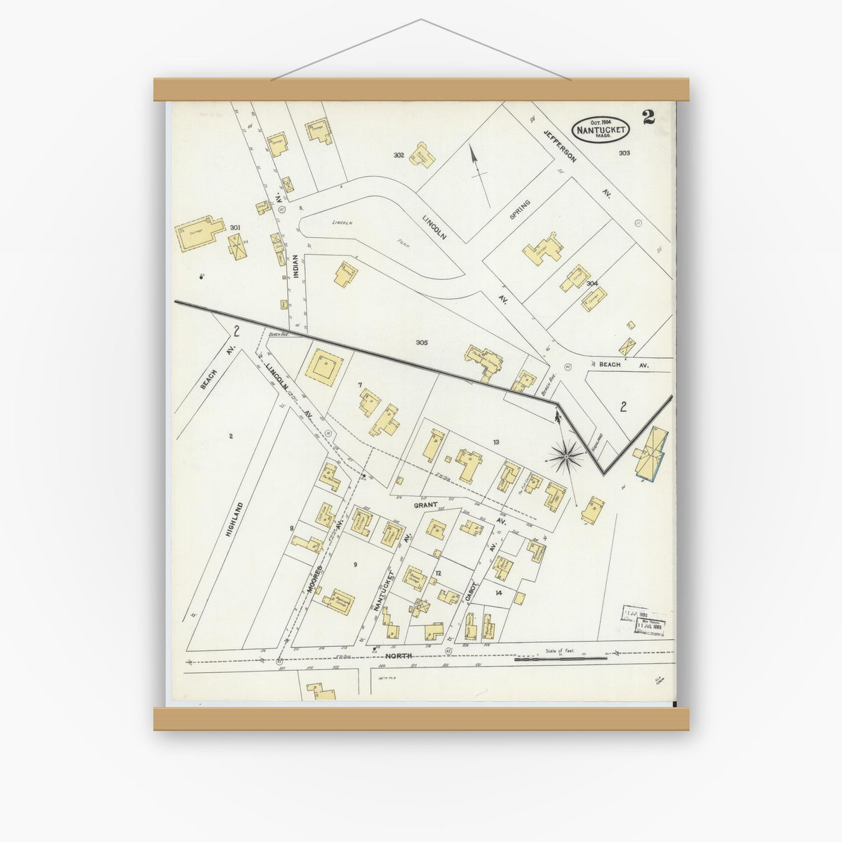 Old map wall art mockup — magnetic wood frame on white wall — Sanborn Fire Insurance Map from Nantucket, Nantucket County, Massachusetts (1904), Sheet #0002