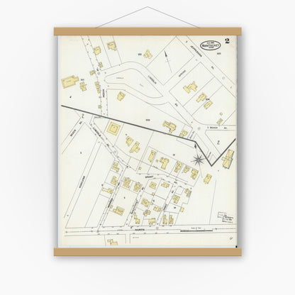 Old map wall art mockup — magnetic wood frame on white wall — Sanborn Fire Insurance Map from Nantucket, Nantucket County, Massachusetts (1904), Sheet #0002