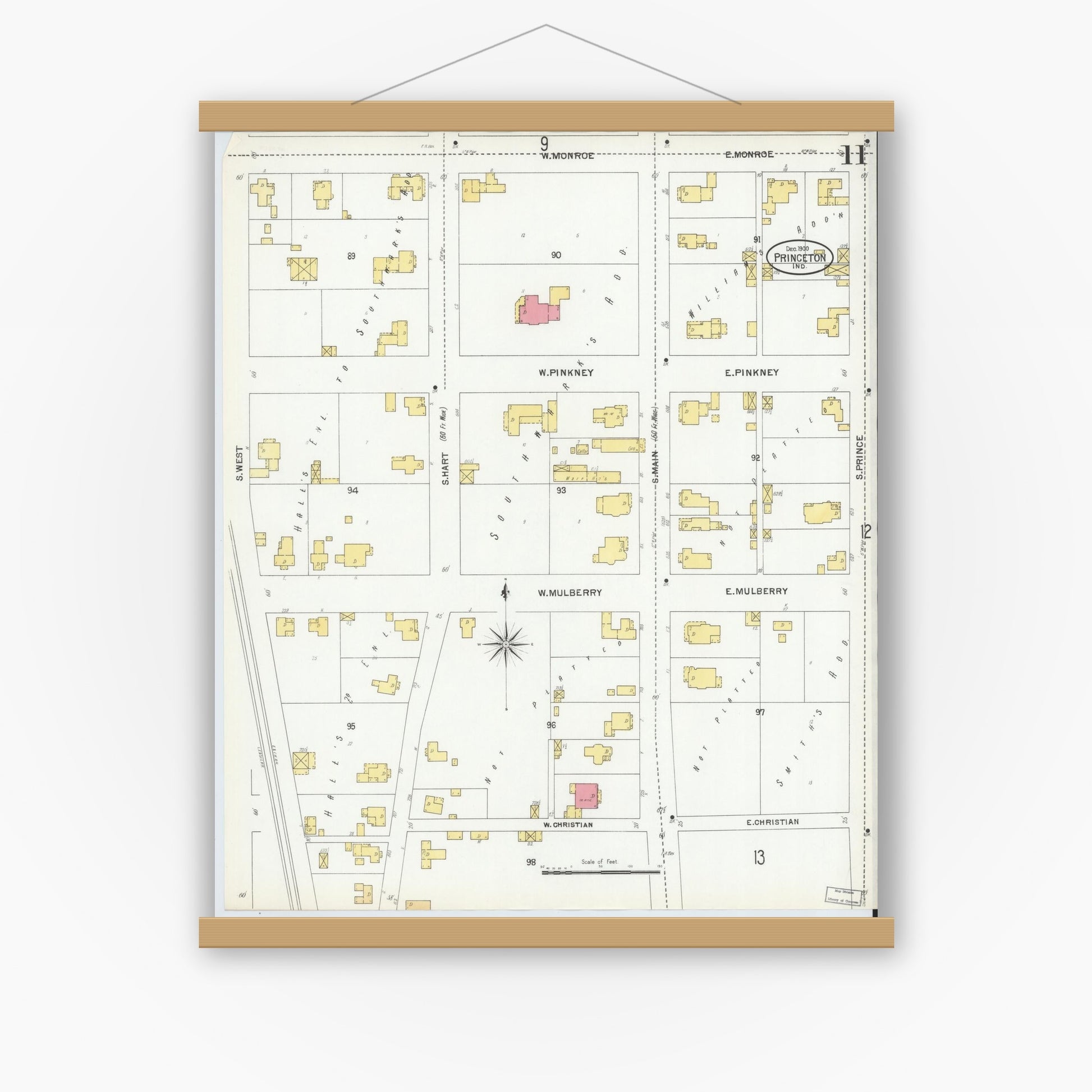 Old map wall art mockup — magnetic wood frame on white wall — Sanborn Fire Insurance Map from Princeton, Gibson County, Indiana (1900), Sheet #0011