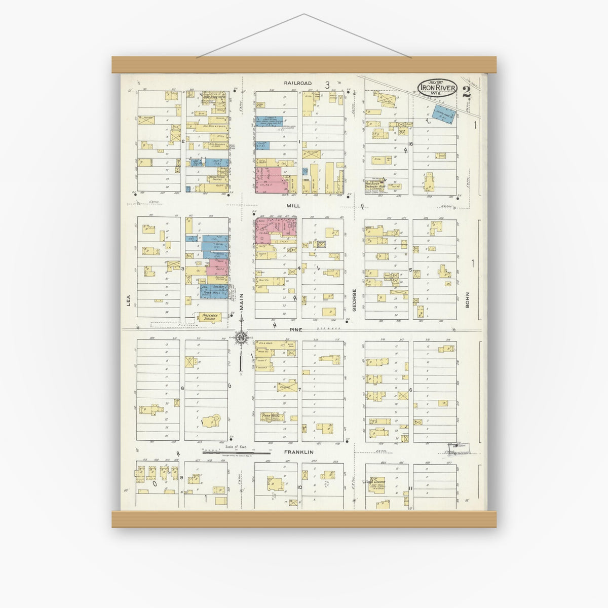 Old map wall art mockup — magnetic wood frame on white wall — Sanborn Fire Insurance Map from Iron River, Bayfield County, Wisconsin (1917), Sheet #0002