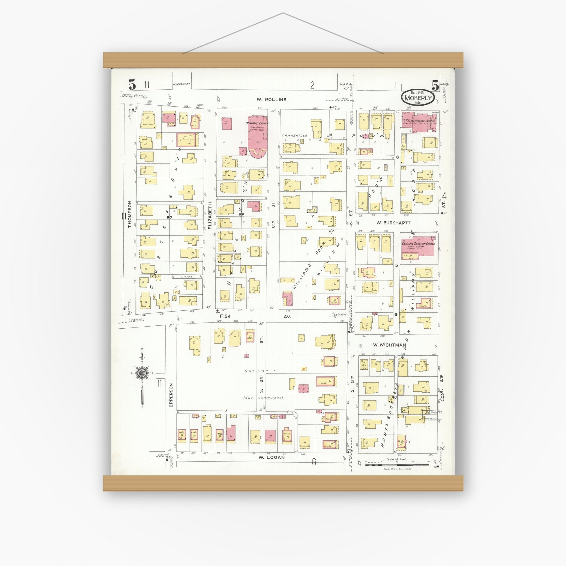 Old map wall art mockup — magnetic wood frame on white wall — Sanborn Fire Insurance Map from Moberly, Randolph County, Missouri (1923), Sheet #0005
