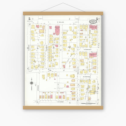 Old map wall art mockup — magnetic wood frame on white wall — Sanborn Fire Insurance Map from Moberly, Randolph County, Missouri (1923), Sheet #0005