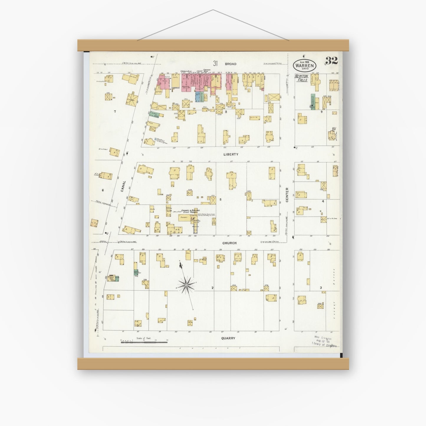 Old map wall art mockup — magnetic wood frame on white wall — Sanborn Fire Insurance Map from Warren, Trumbull County, Ohio (1908), Sheet #0032