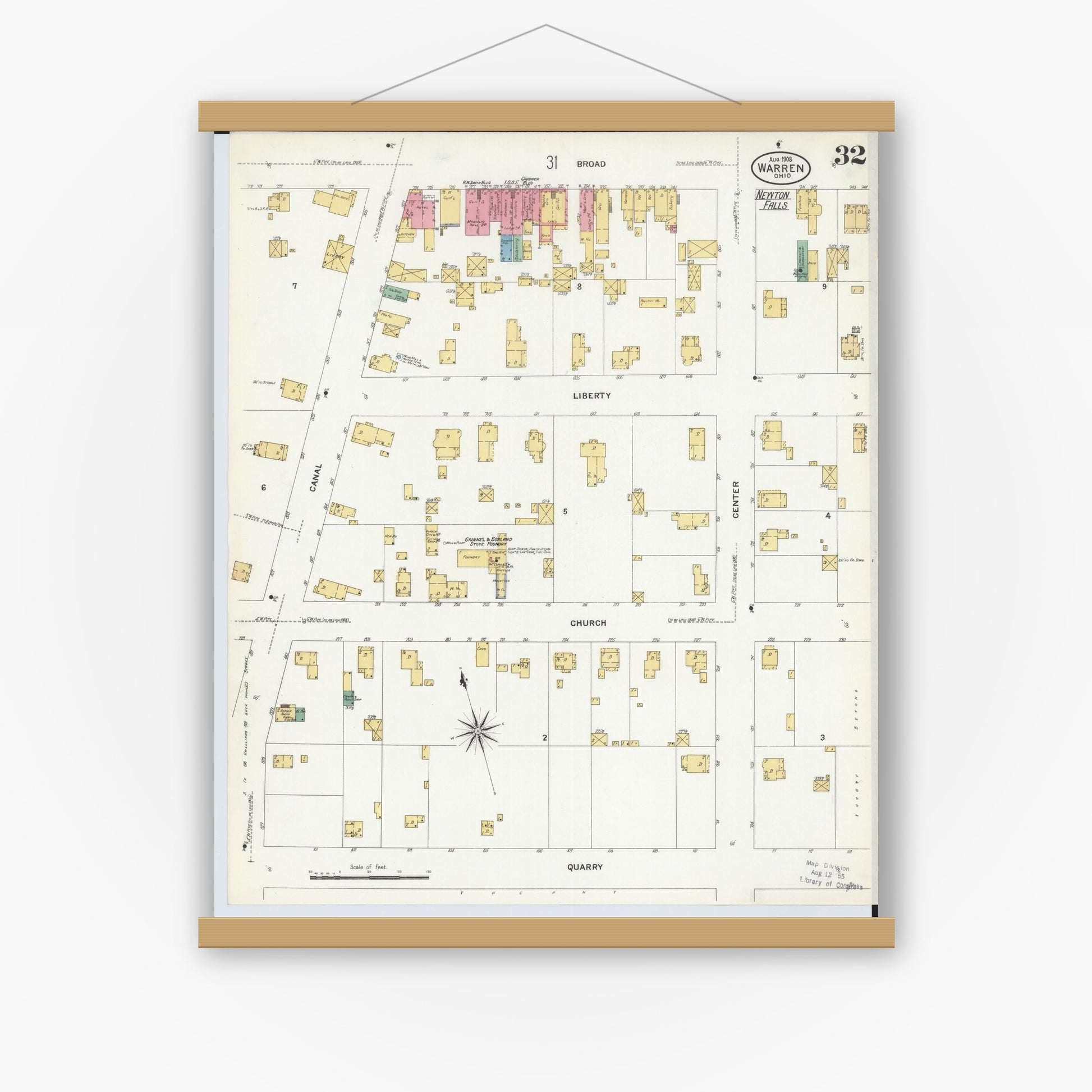 Old map wall art mockup — magnetic wood frame on white wall — Sanborn Fire Insurance Map from Warren, Trumbull County, Ohio (1908), Sheet #0032