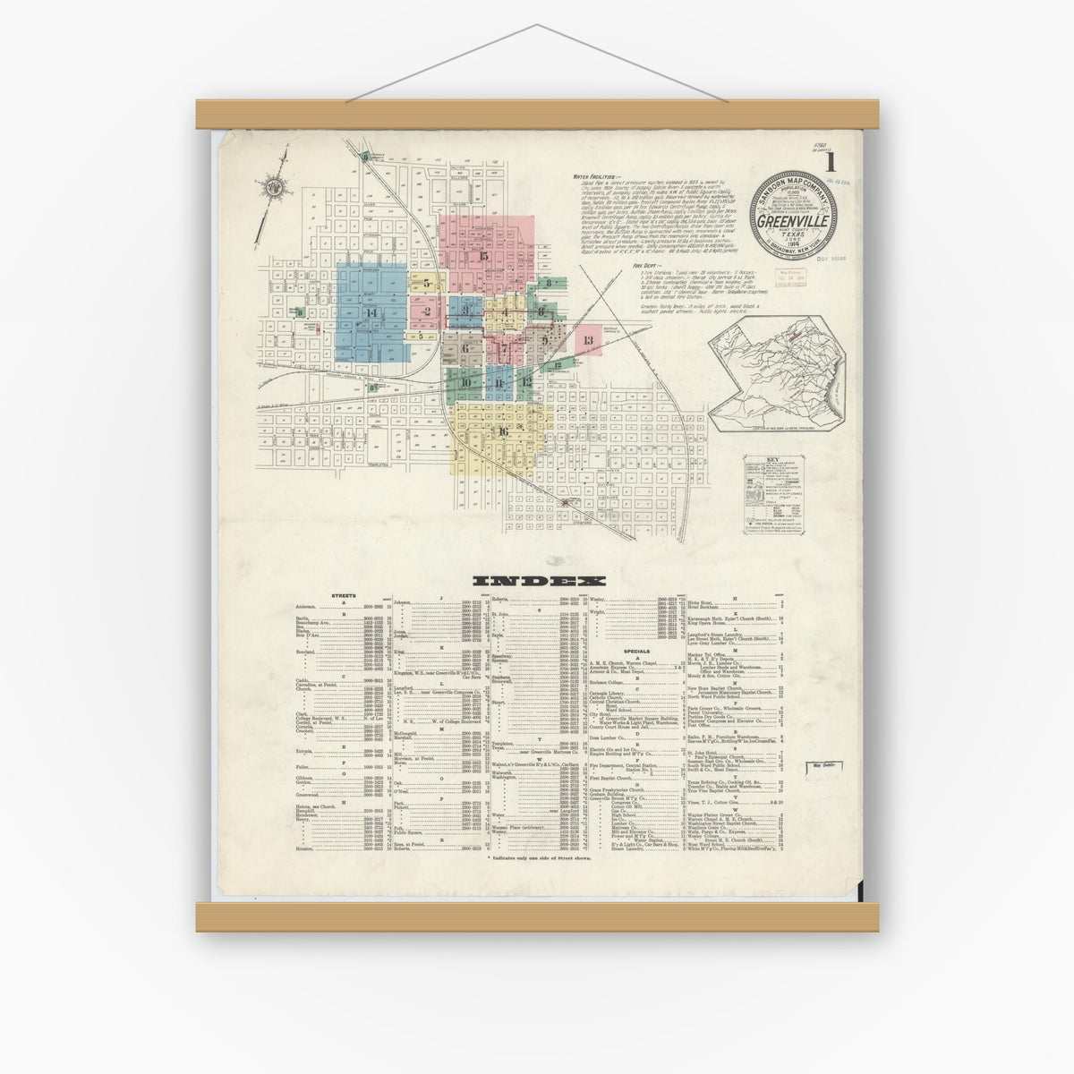Old map wall art mockup — magnetic wood frame on white wall — Sanborn Fire Insurance Map from Greenville, Hunt County, Texas (1914) - Complete Map Set