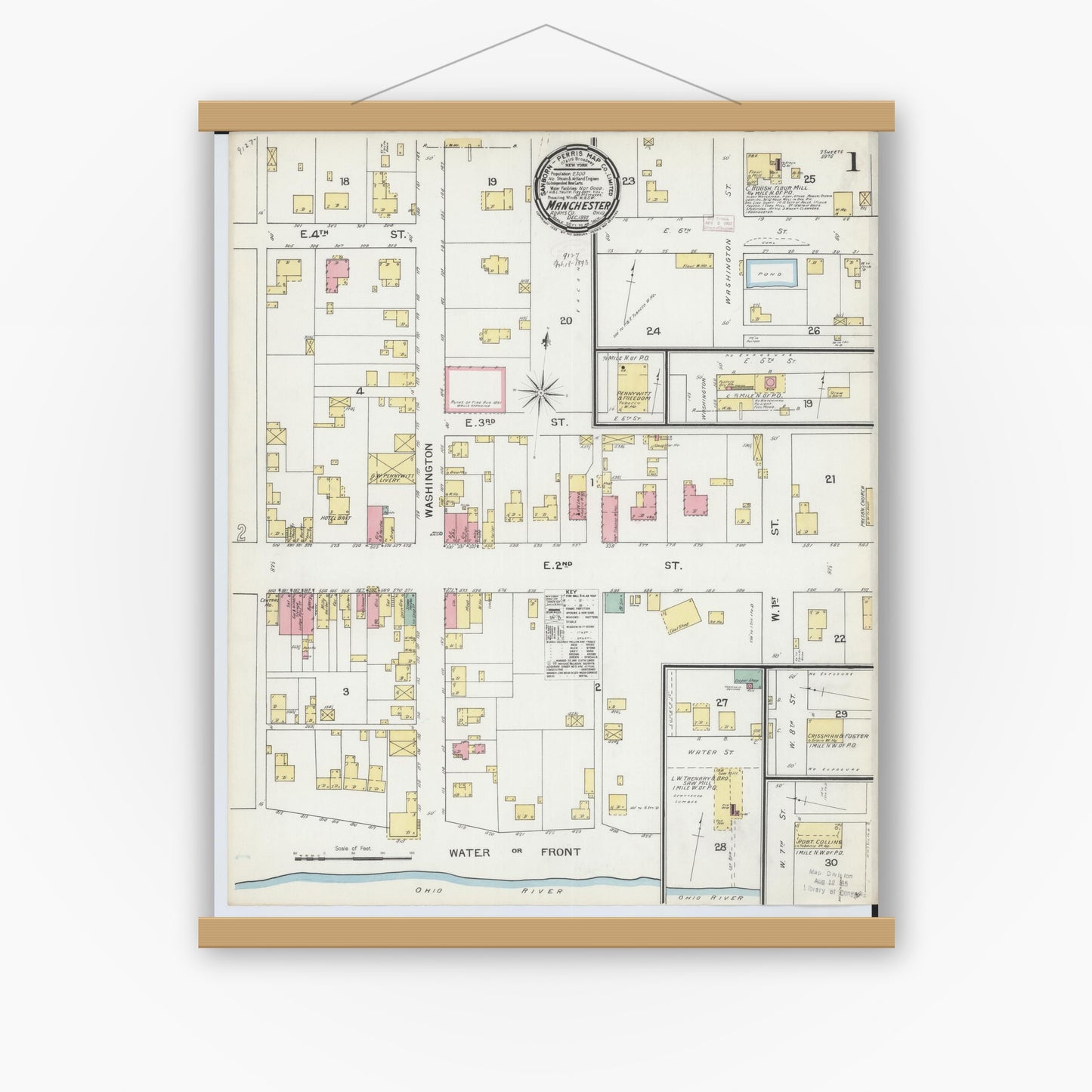 Old map wall art mockup — magnetic wood frame on white wall — Sanborn Fire Insurance Map from Manchester, Adams County, Ohio (1892) - Complete Map Set