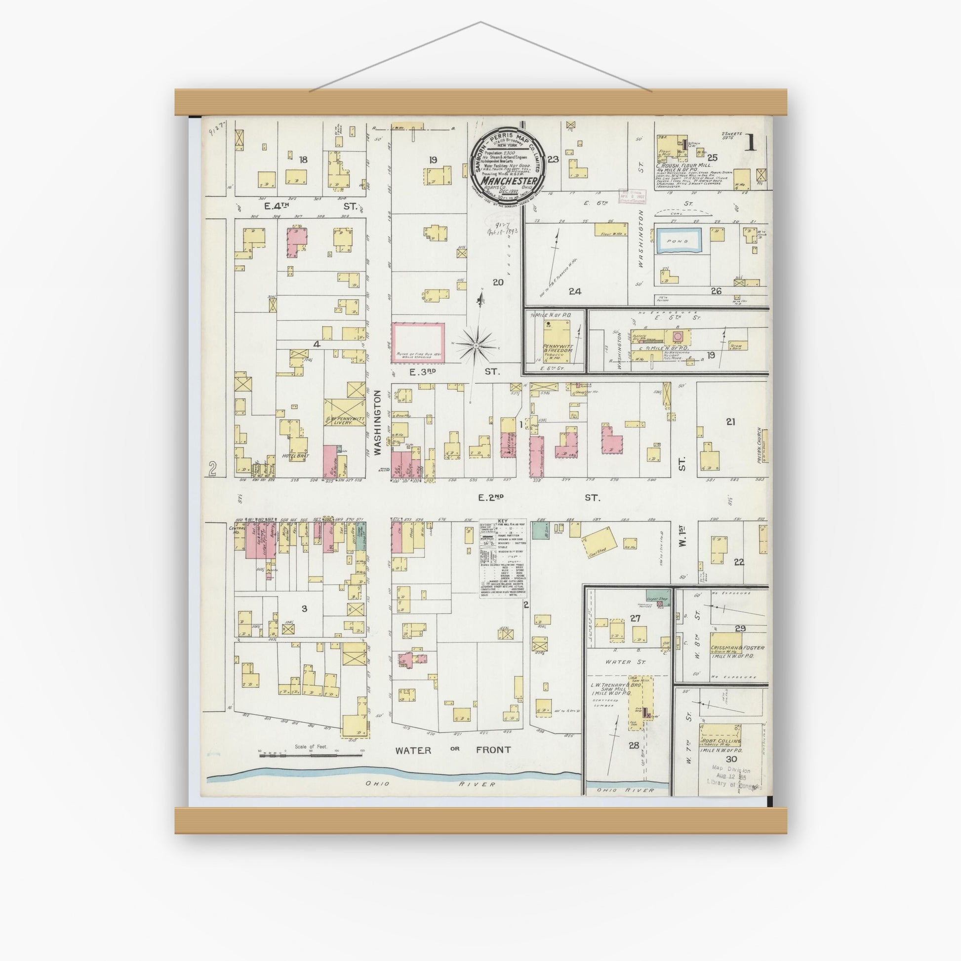 Old map wall art mockup — magnetic wood frame on white wall — Sanborn Fire Insurance Map from Manchester, Adams County, Ohio (1892) - Complete Map Set