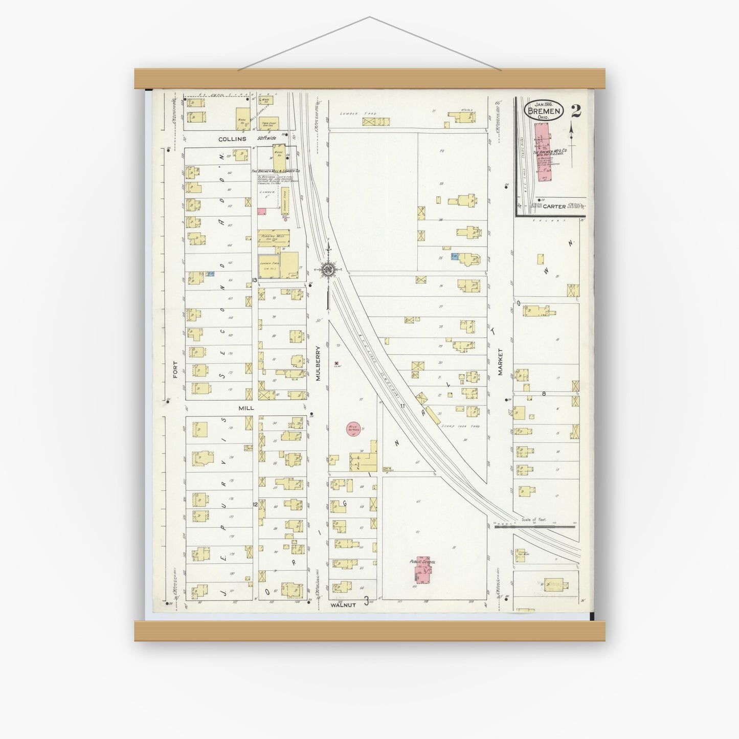 Old map wall art mockup — magnetic wood frame on white wall — Sanborn Fire Insurance Map from Bremen, Fairfield County, Ohio (1916), Sheet #0002