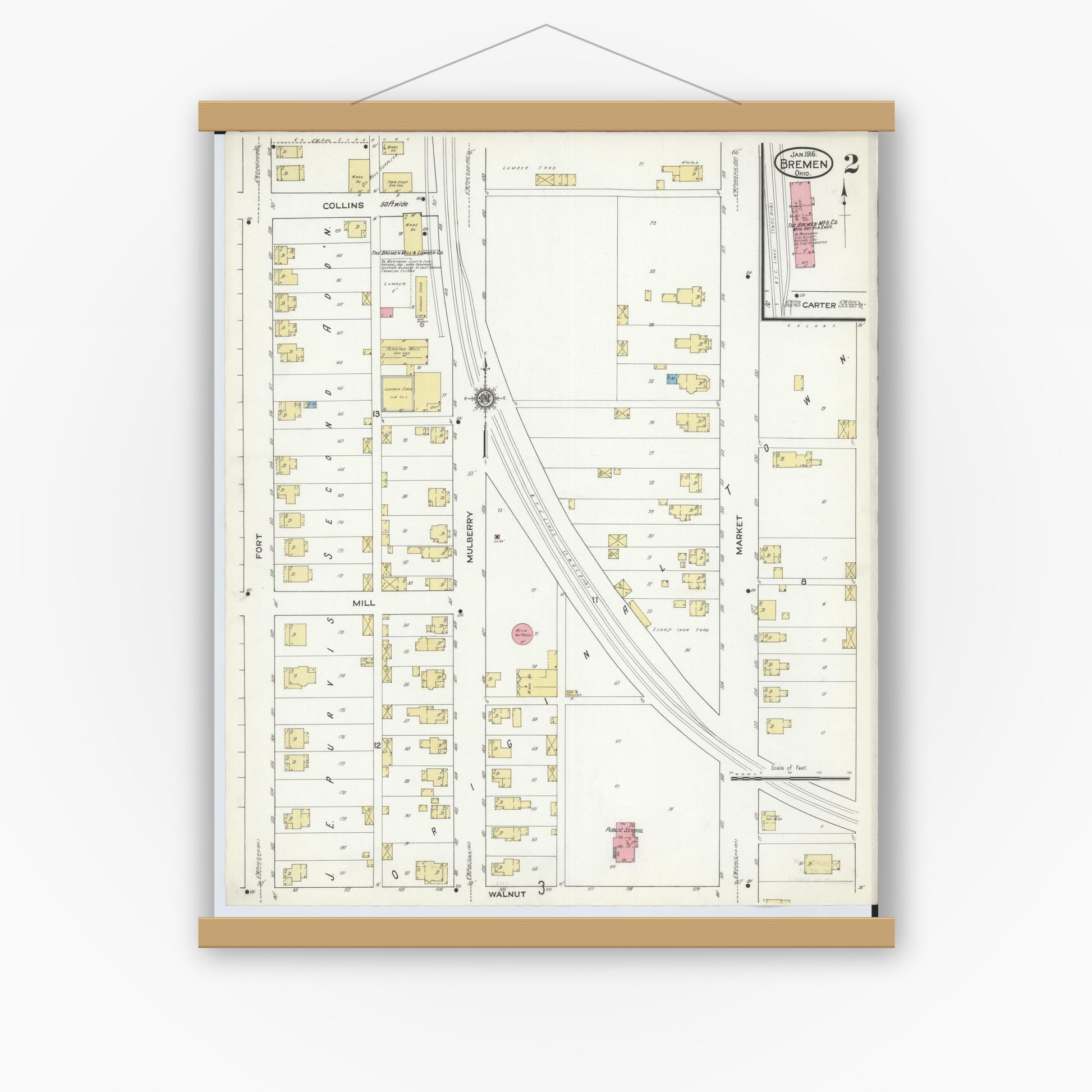 Old map wall art mockup — magnetic wood frame on white wall — Sanborn Fire Insurance Map from Bremen, Fairfield County, Ohio (1916), Sheet #0002