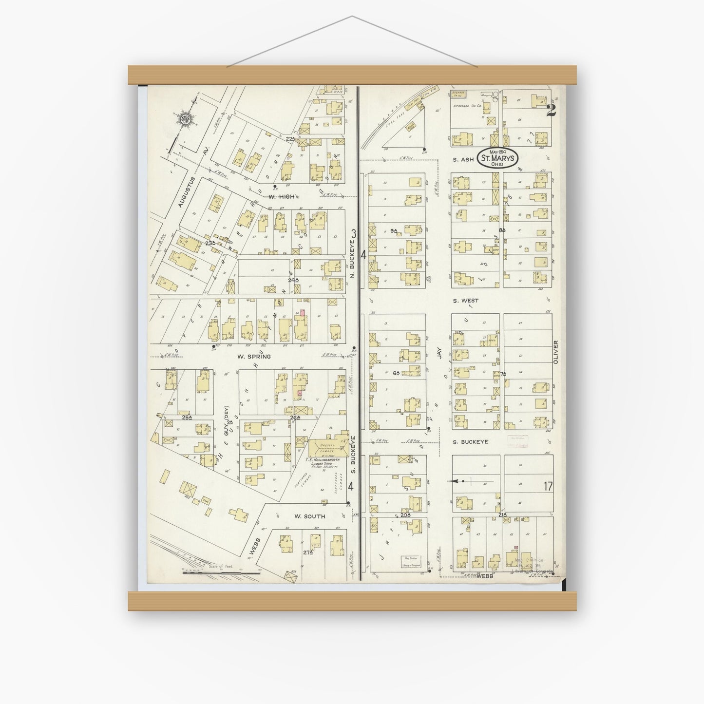 Old map wall art mockup — magnetic wood frame on white wall — Sanborn Fire Insurance Map from Saint Marys, Auglaize County, Ohio (1914), Sheet #0002