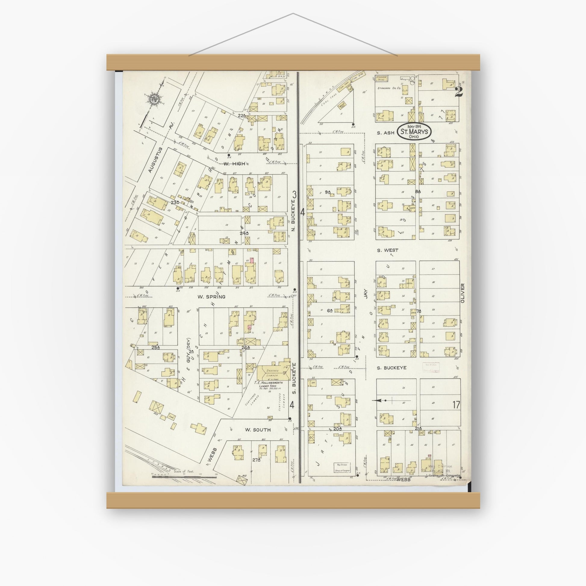 Old map wall art mockup — magnetic wood frame on white wall — Sanborn Fire Insurance Map from Saint Marys, Auglaize County, Ohio (1914), Sheet #0002