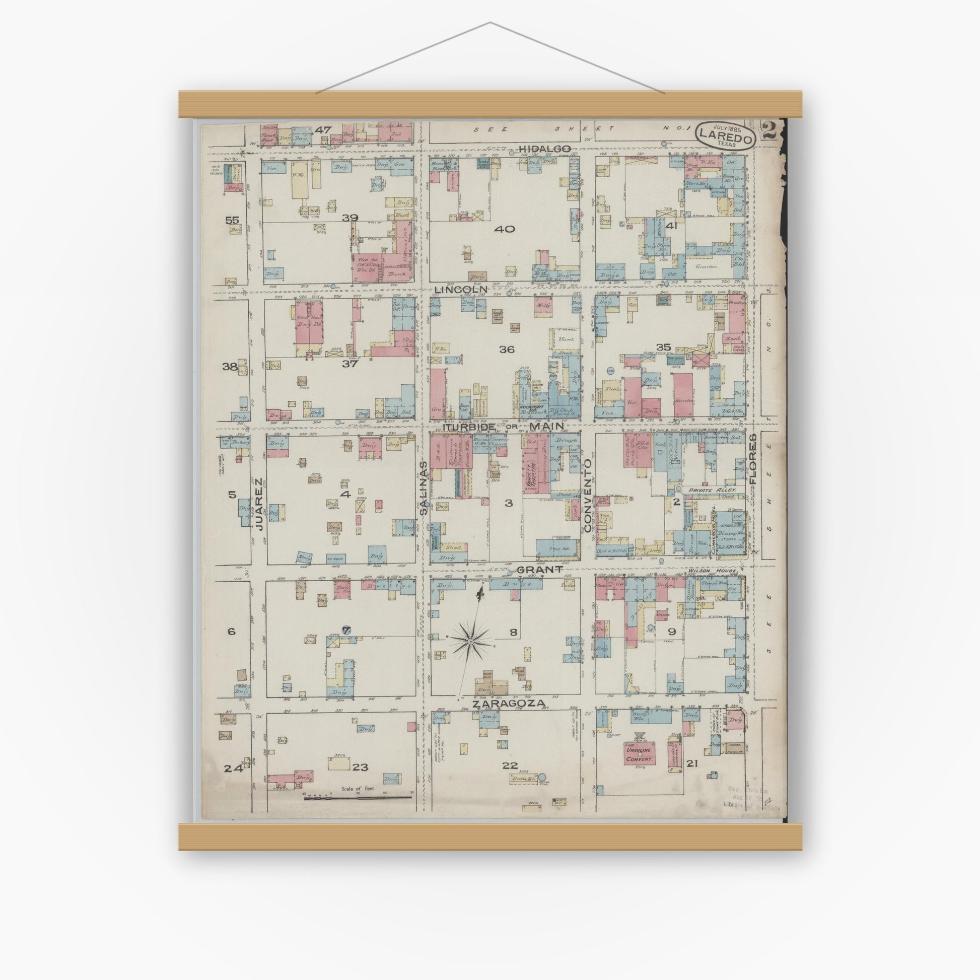 Old map wall art mockup — magnetic wood frame on white wall — Sanborn Fire Insurance Map from Laredo, Webb County, Texas (1885), Sheet #0002