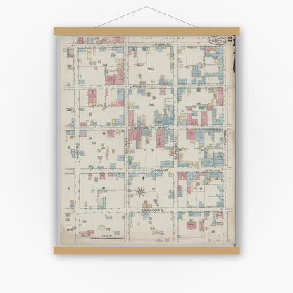 Old map wall art mockup — magnetic wood frame on white wall — Sanborn Fire Insurance Map from Laredo, Webb County, Texas (1885), Sheet #0002