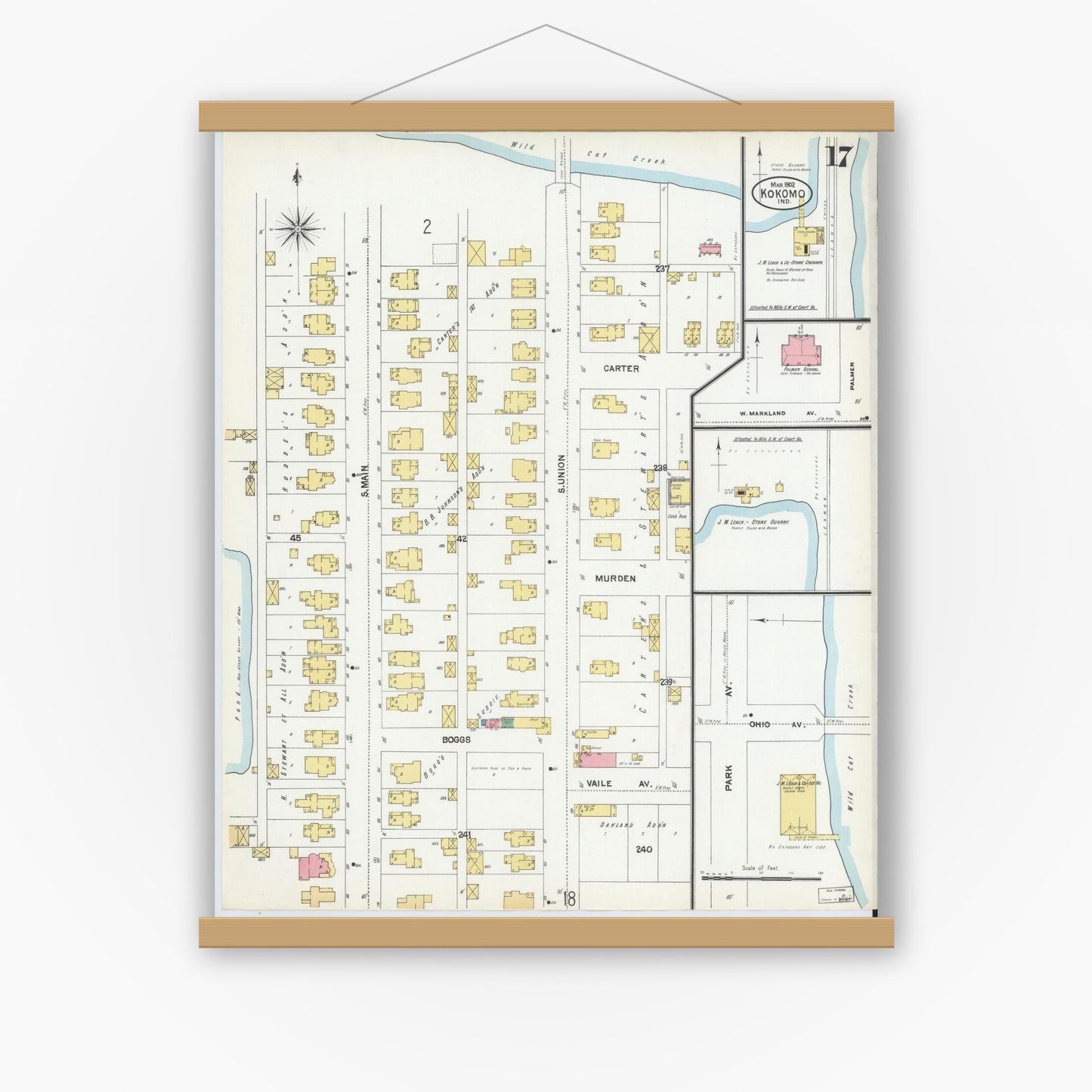 Old map wall art mockup — magnetic wood frame on white wall — Sanborn Fire Insurance Map from Kokomo, Howard County, Indiana (1902), Sheet #0017