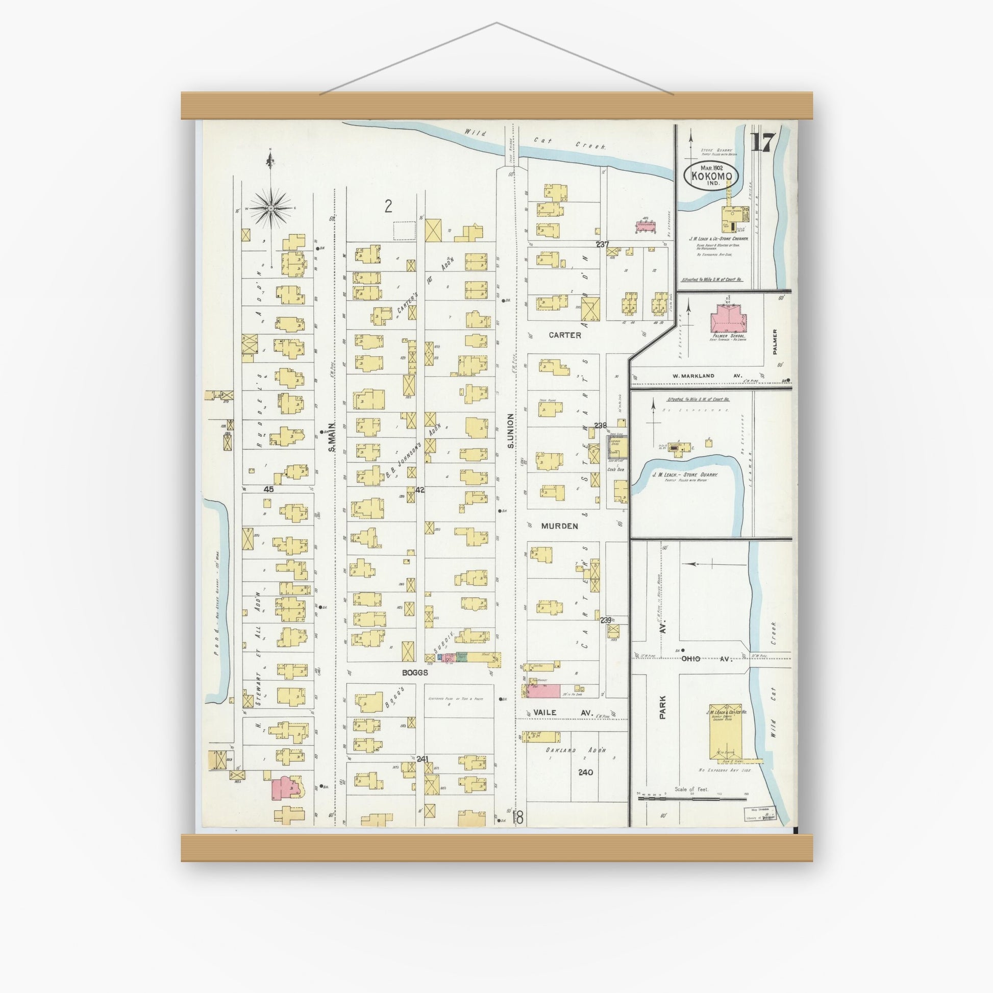 Old map wall art mockup — magnetic wood frame on white wall — Sanborn Fire Insurance Map from Kokomo, Howard County, Indiana (1902), Sheet #0017