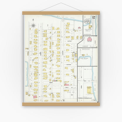 Old map wall art mockup — magnetic wood frame on white wall — Sanborn Fire Insurance Map from Kokomo, Howard County, Indiana (1902), Sheet #0017