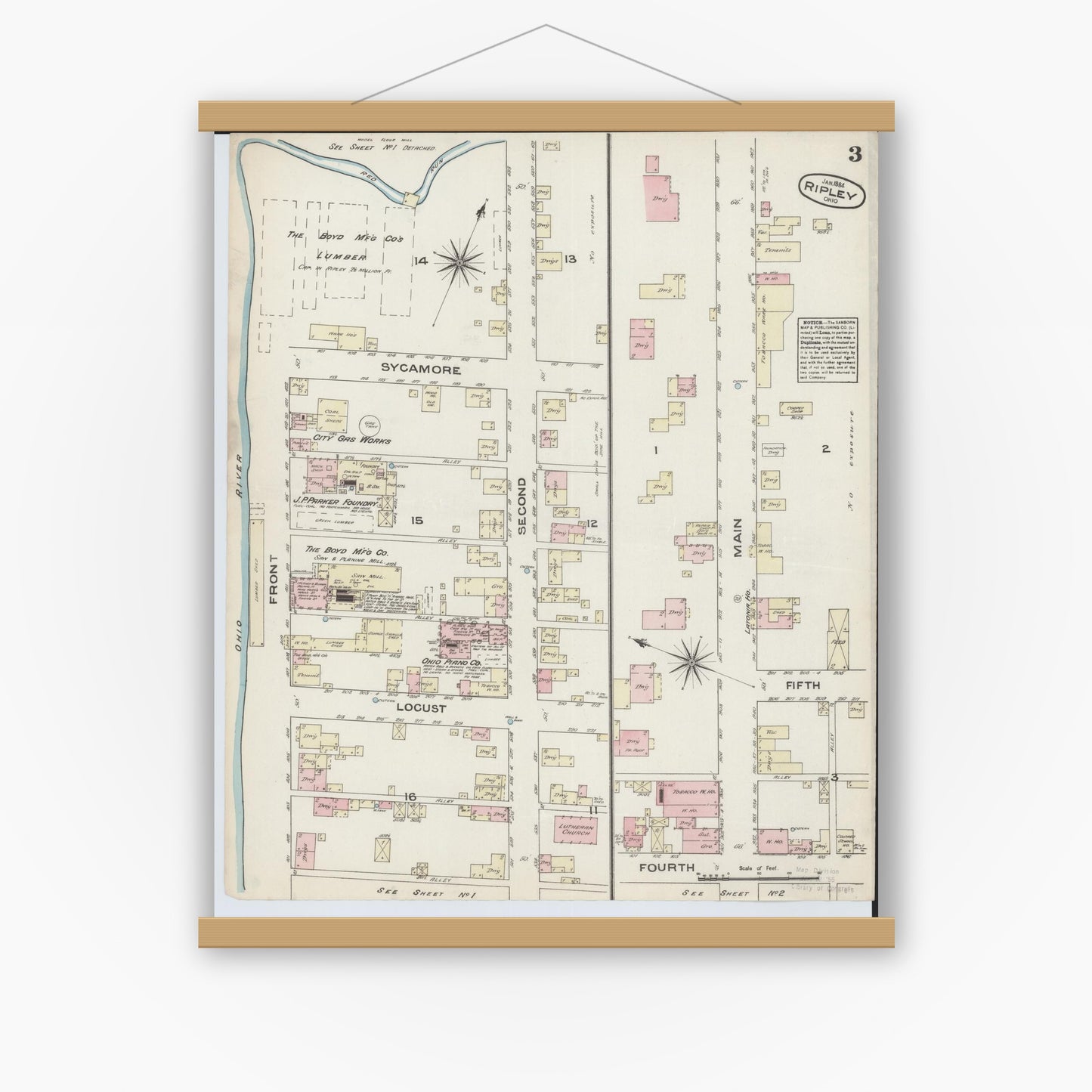 Old map wall art mockup — magnetic wood frame on white wall — Sanborn Fire Insurance Map from Ripley, Brown County, Ohio (1884), Sheet #0003